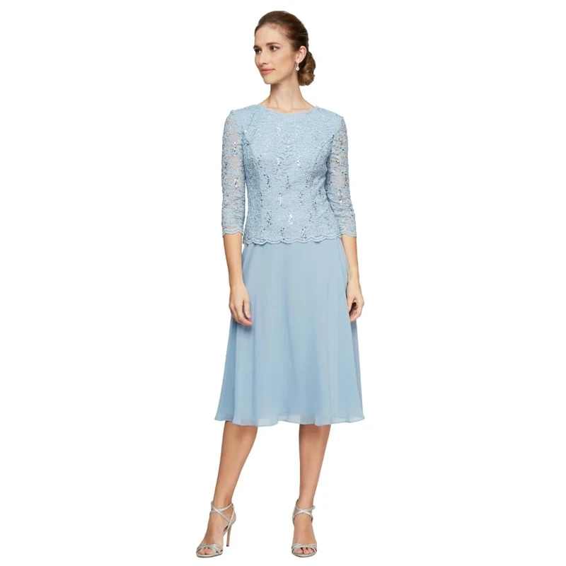 Alex Evenings Women's Tea Length Sequin Mock Dress (Petite and Regular) Special Occasion, Sky Blue, 16