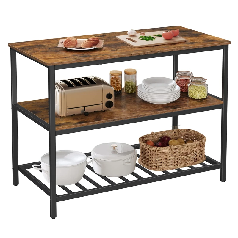 VASAGLE Bakers Rack, Kitchen Island with Large Worktop, Stable Steel Structure, 60 x 120 x 90 cm, Industrial Kitchen Shelf, Easy to Assemble, Rustic Brown and Black KKI01BX
