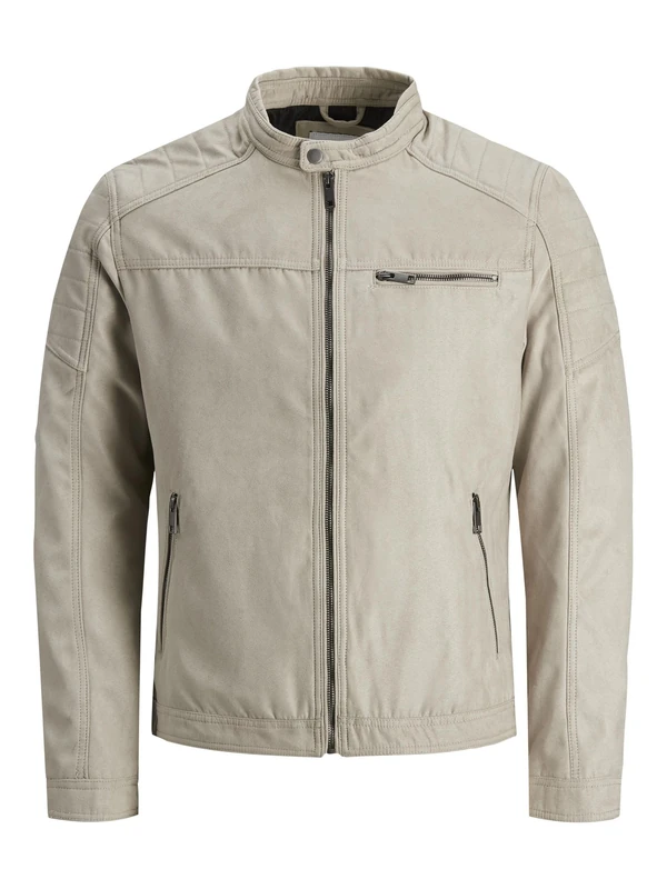 JACK & JONES Men's Faux Leather Jacket Motorcycle Blouson Bomber JJEROCKY Design Outerwear Transitional Coat., Colours:Beige, Jacket Size:S