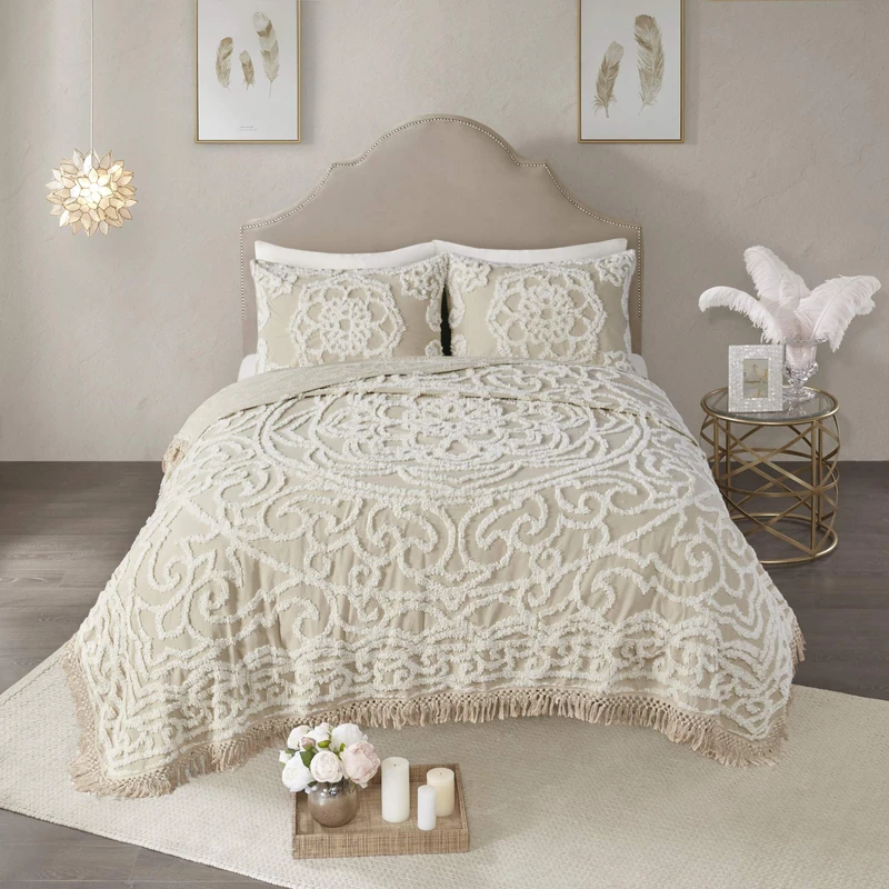 Madison Park Shabby Chic Cozy All Season Bedspread Bed Set with Matching Shams, Cotton, Floral Taupe, King/Cal King(104"x92") - Image 1