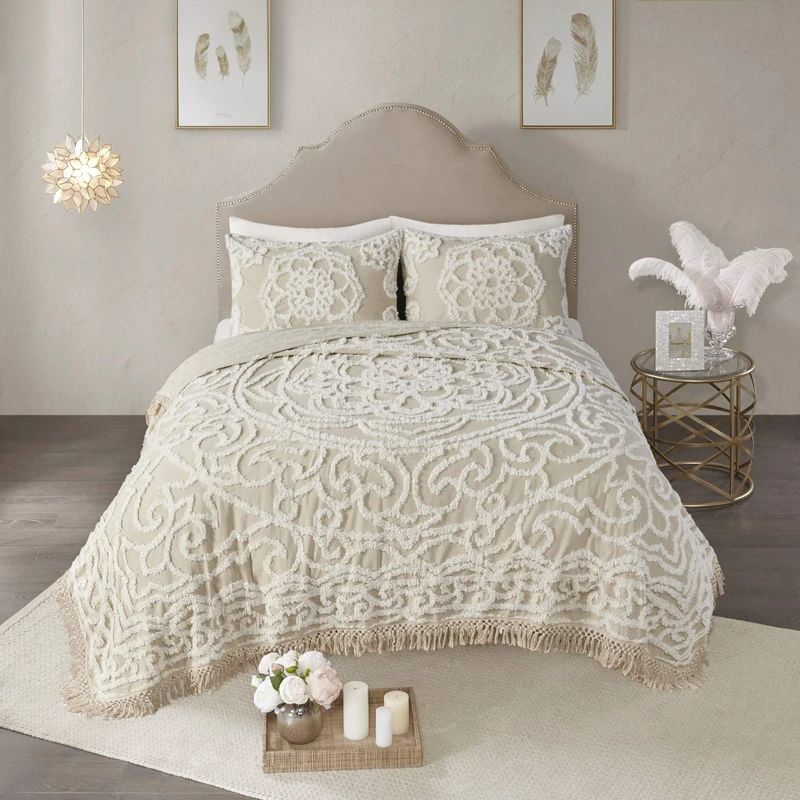 Madison Park Shabby Chic Boho Medallion Design, Tassel Fringe Bedspread, Shams, Cotton, Laetitia, Taupe Coverlet, Full/Queen