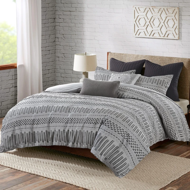 INK+IVY Rhea 100% Cotton Duvet Cover Set Mid Century Modern Boho Design, All Season Duvet Cover Bedding Set, Matching Shams, Full/Queen, Geometric Cut Jacquard Grey 3 Piece