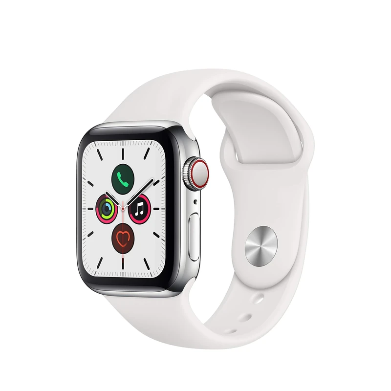 Apple Watch Series 5 (GPS + Cellular, 40MM) - Silver Stainless Steel Case with White Sport Band (Renewed)