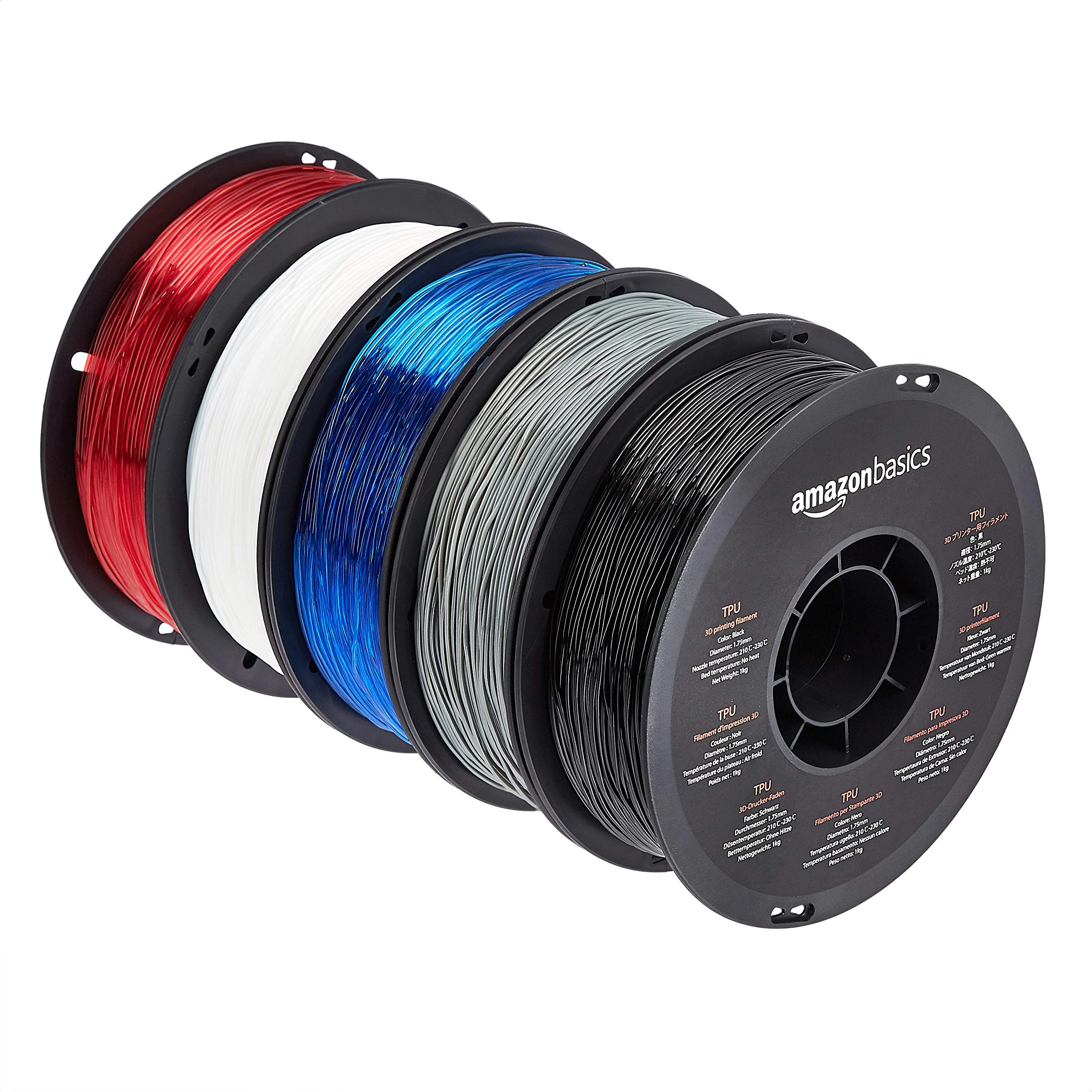 Amazon Basics TPU 3D Printer Filament, 1.75 mm, 5 Assorted Colours, 1 kg per Spool (2.2 lbs)