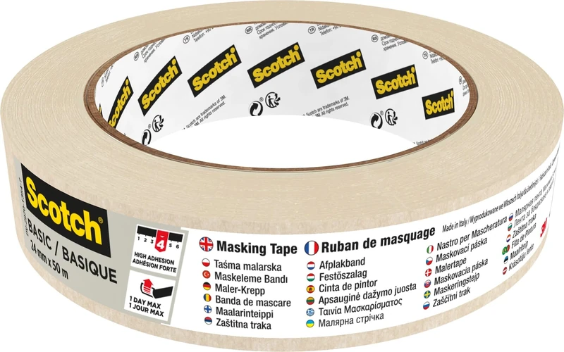 Scotch Basic Masking Tape, 1 Roll, 24 mm x 50 m, Beige - Painters Masking Tape for Indoor Painting and Decorating