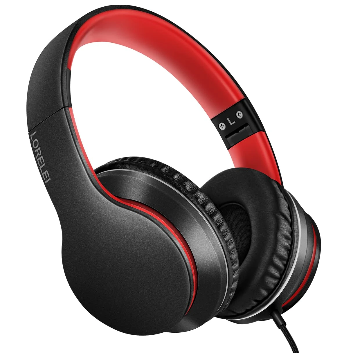 LORELEI X6 Over-Ear Headphones With Microphone, Lightweight Foldable & Portable Stereo Bass With 1.45M No-Tangle, Wired for Smartphone Tablet MP3/4 (Black-Red)