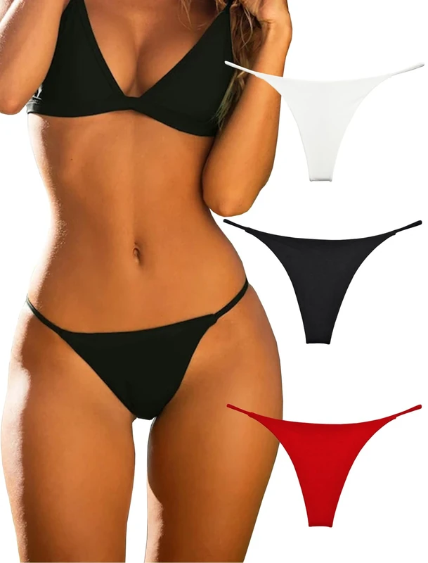 KUKU PANDA Cotton Thongs for Women Sexy Seamless Woman G String Panties 3 Pack Set (Black/Red/White, Small)