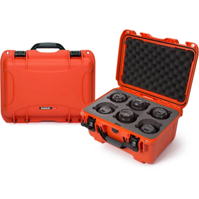Nanuk 918 Waterproof Hard Case with Custom Foam Insert for 6 Lenses - Orange