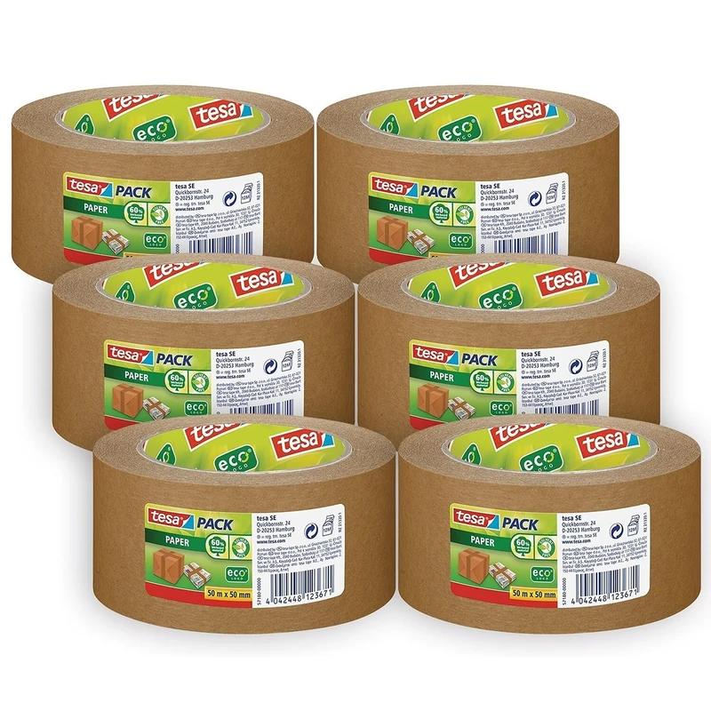 tesapack Paper ecoLogo - Environmentally Friendly Paper Packing Tape, 60 Percent Biobased Material - Brown - 50 m x 50 mm, Pack of 6