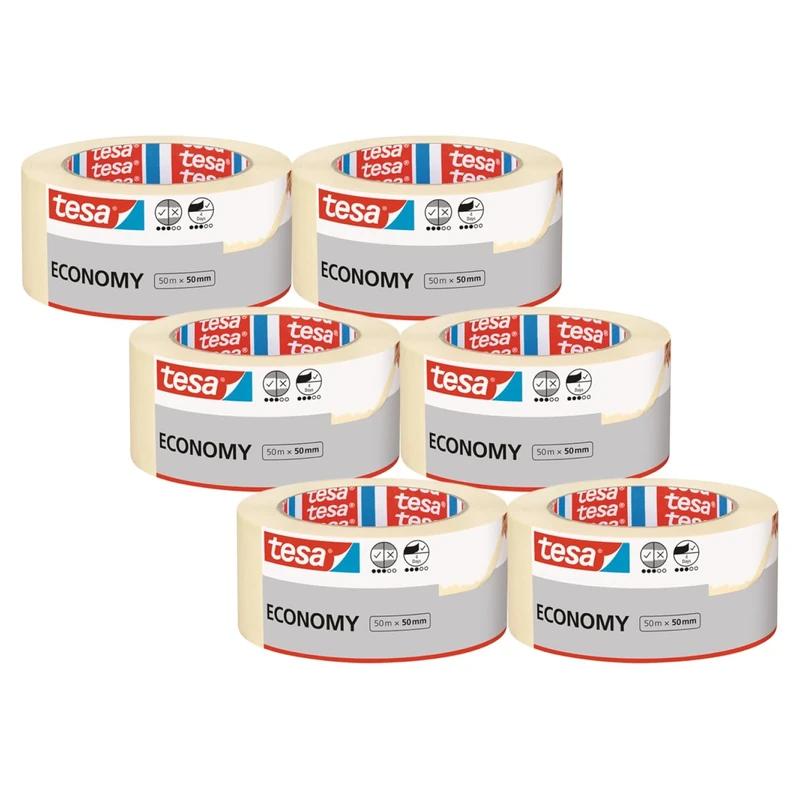tesa UK Masking Tape ECONOMY EcoLogo - Painters Tape, 4 Days Residue-Free Removal, Without Solvent - Narrow, 6x 50 m x 50 mm, Clear