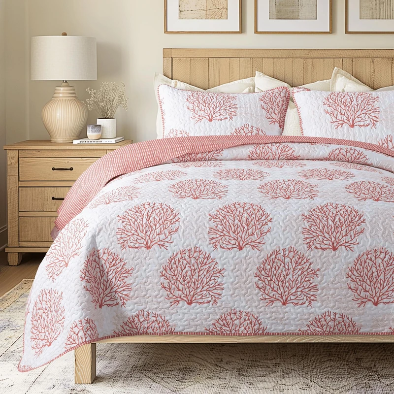 Soul & Lane - Coral Coastal Quilt Set, Beach Bedding, King with 2 Shams