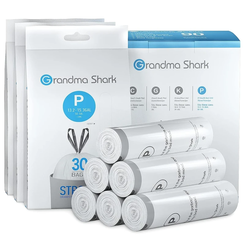 GRANDMA SHARK 50-58L UP TO 65L Bin Bags Liners Drawstring Trash Bag, Handle Waste Bags, 90 Garbage Bag, Super Strong, Anti-Drip Unscented, 70 × 77 cm