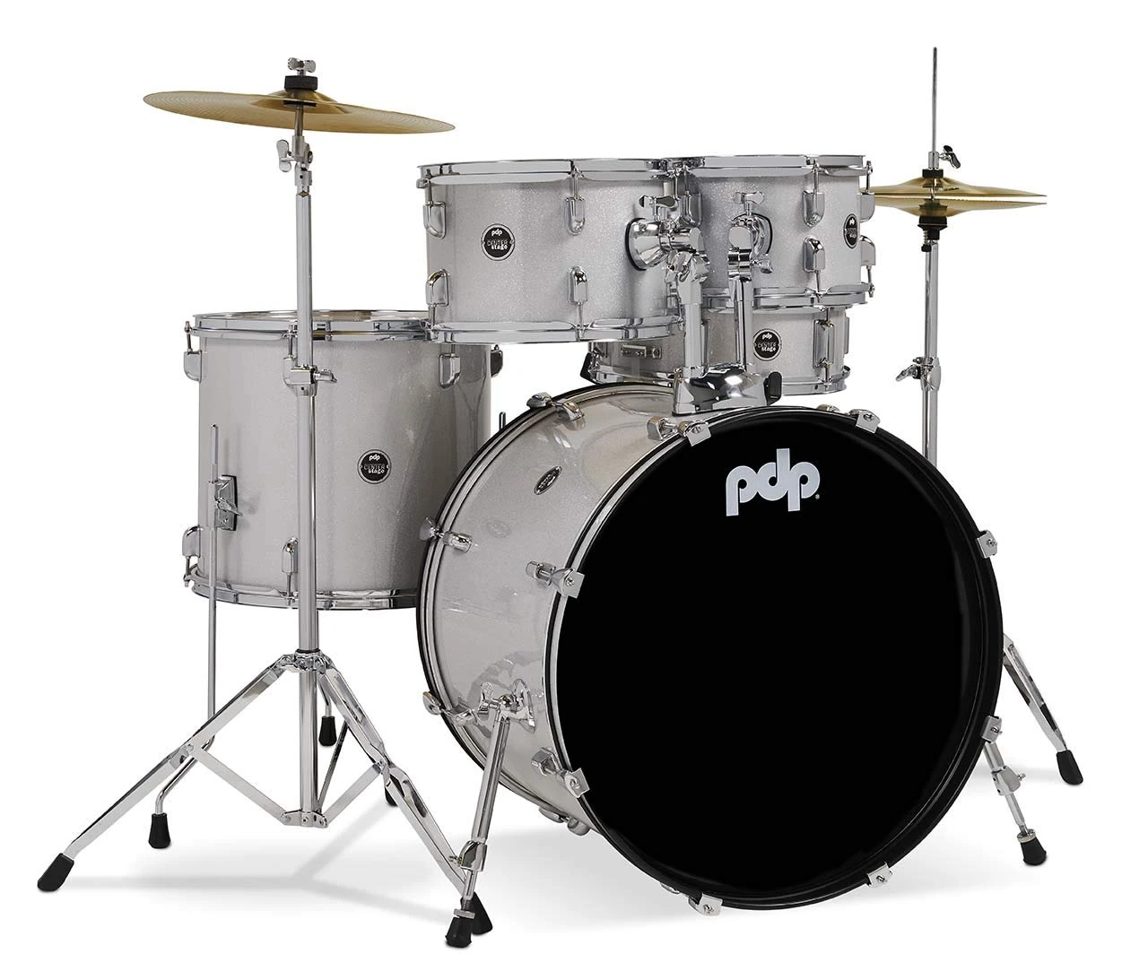 Pacific Drums Center Stage 5-Piece Drum Kit, 22" Bass Drum, Diamond White Sparkle, inc. Hardware, Cymbals & Throne, Finish Ply | Features 100% poplar shells