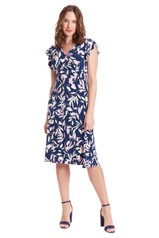 London Times Women's Leaf Print V-Neck Ruffle Sleeve Dress, Floating Leaves - Navy/Pink, 12