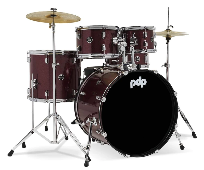 Pacific Drums Center Stage 5-Piece Drum Kit, 22" Bass Drum, Ruby Red Sparkle, inc. Hardware, Cymbals & Throne, Finish Ply | Features 100% poplar shells