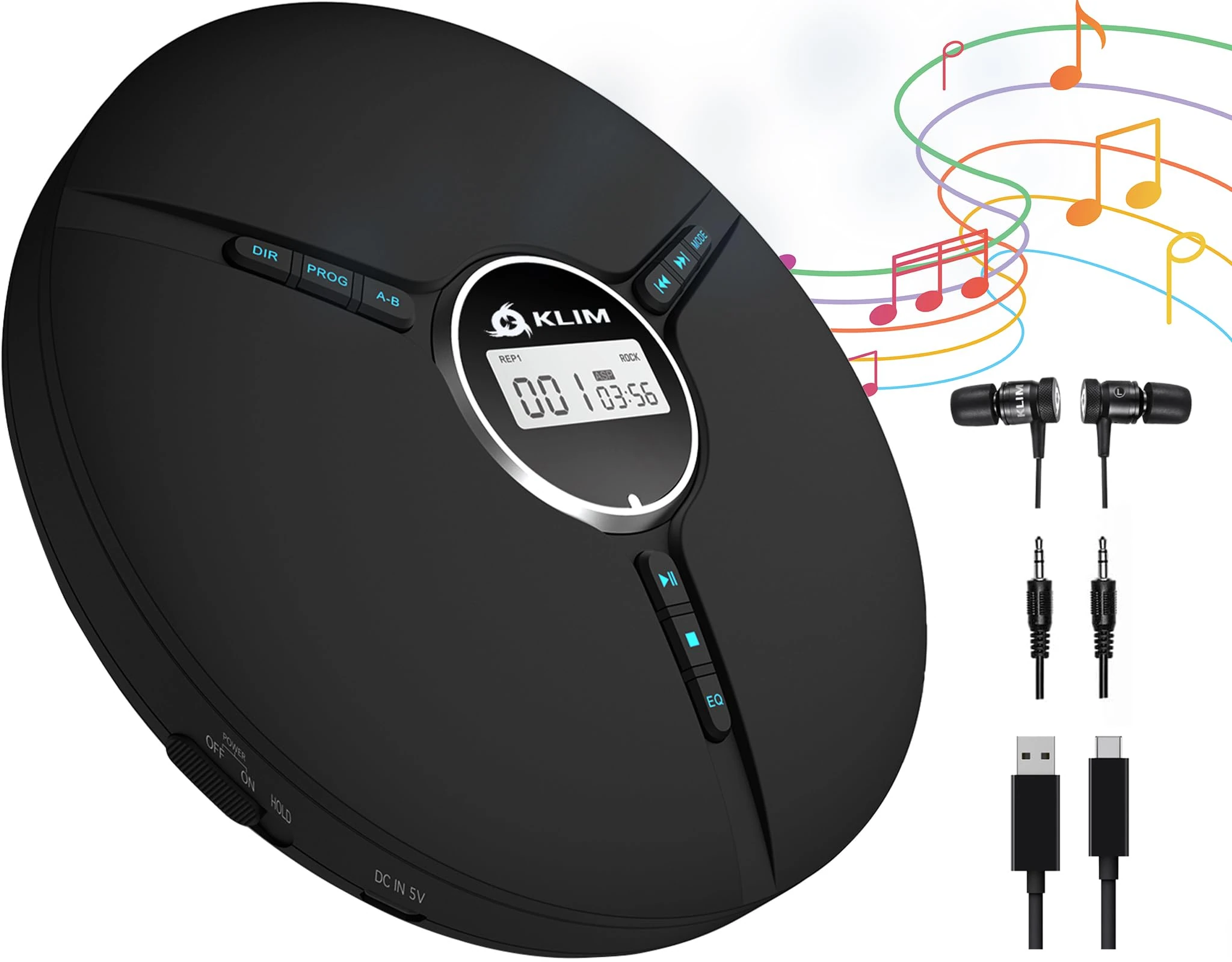 KLIM Discman Portable CD Player with Headphones, Built-in Battery - Version - CD Players for Home, Car - Compatible w/SD Card, CD, CD-R, CD-RW, MP3, WMA - 5 EQ effects - Walkman CD Player -Black