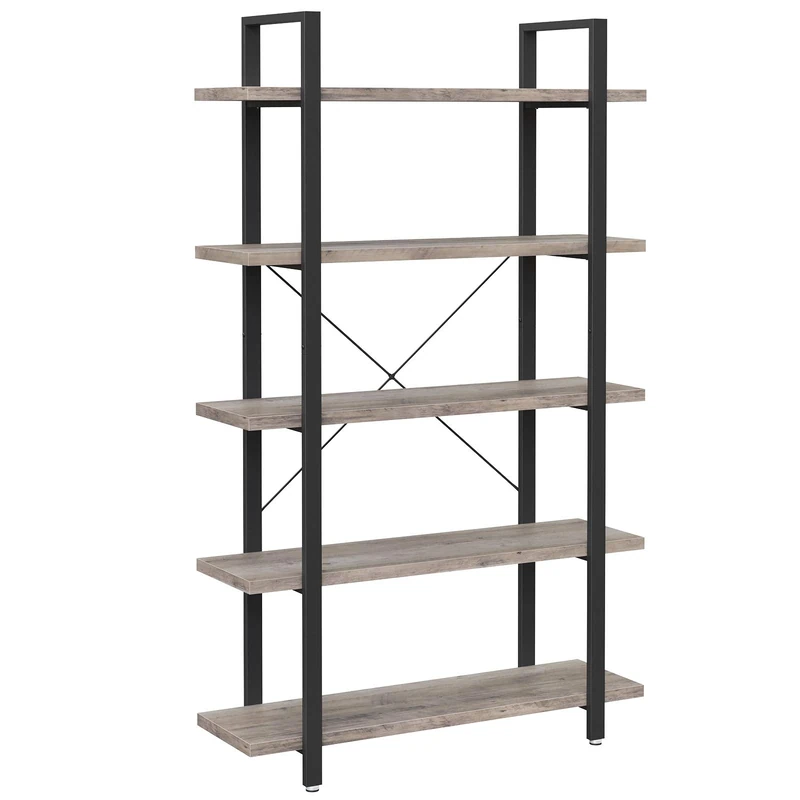 VASAGLE Bookshelf, 5-Tier Industrial Stable Bookcase, Storage Rack, Standing Shelf, Easy Assembly, Living Room, Bedroom, Office, Greige and Black LLS055B02