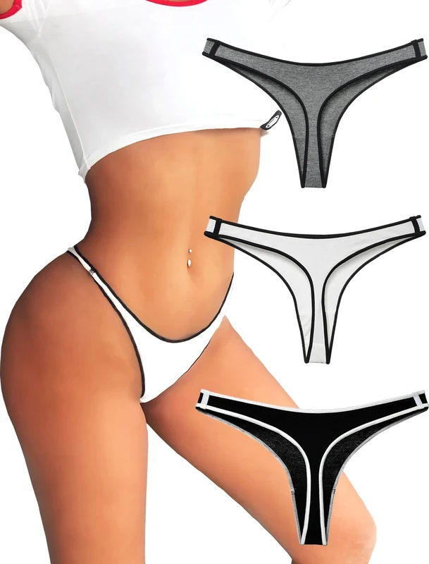 KUKU PANDA Cotton Seamless Thongs 3-Pack - Black Gray White, Medium