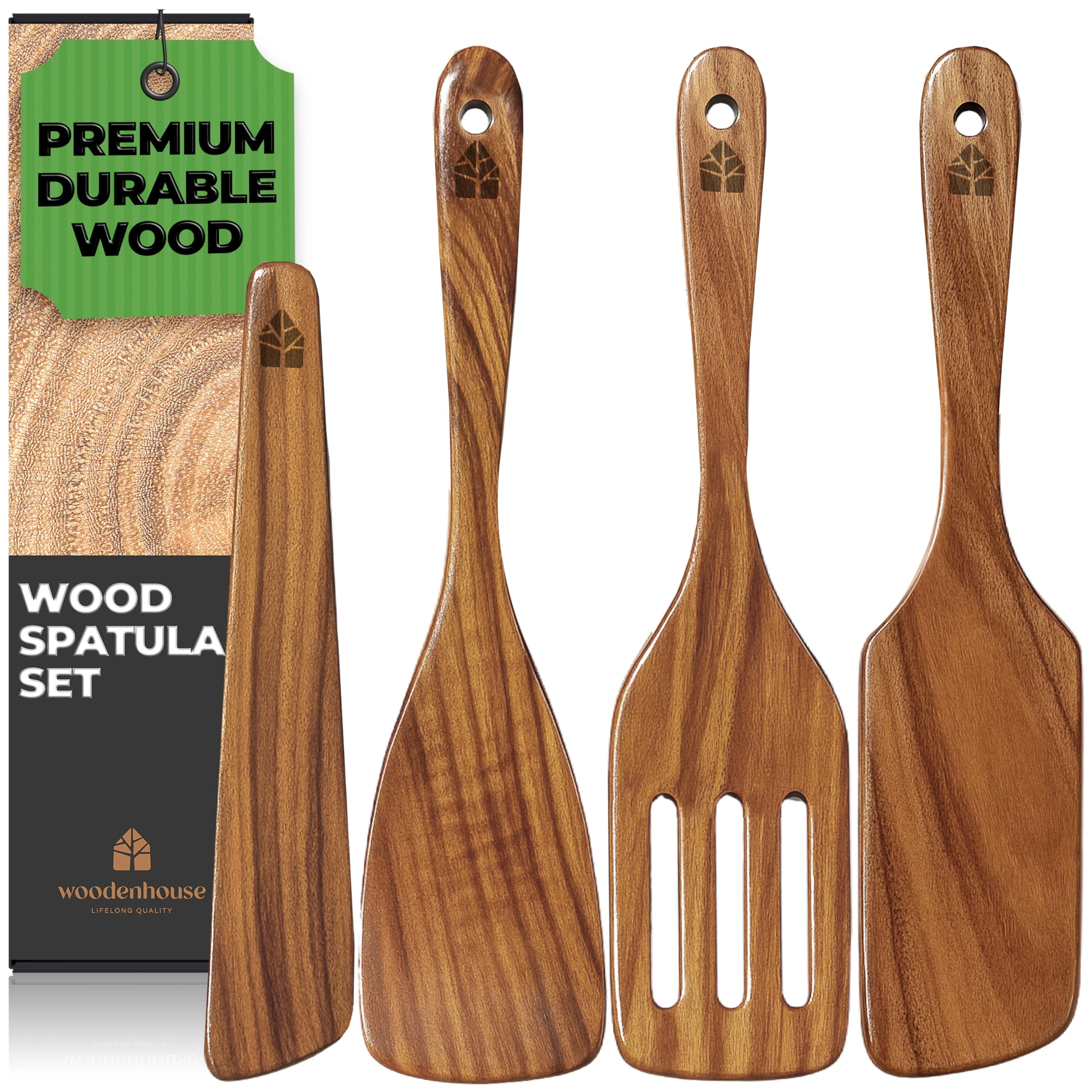 Wooden Spatula Set of 4 - Kitchen Utensils Set Including Paddle, Turner, Slotted Spatulas for Cooking and Wood Scraper. Non-Stick, Natural Teak Wooden Utensils for Non-Toxic Cookware.