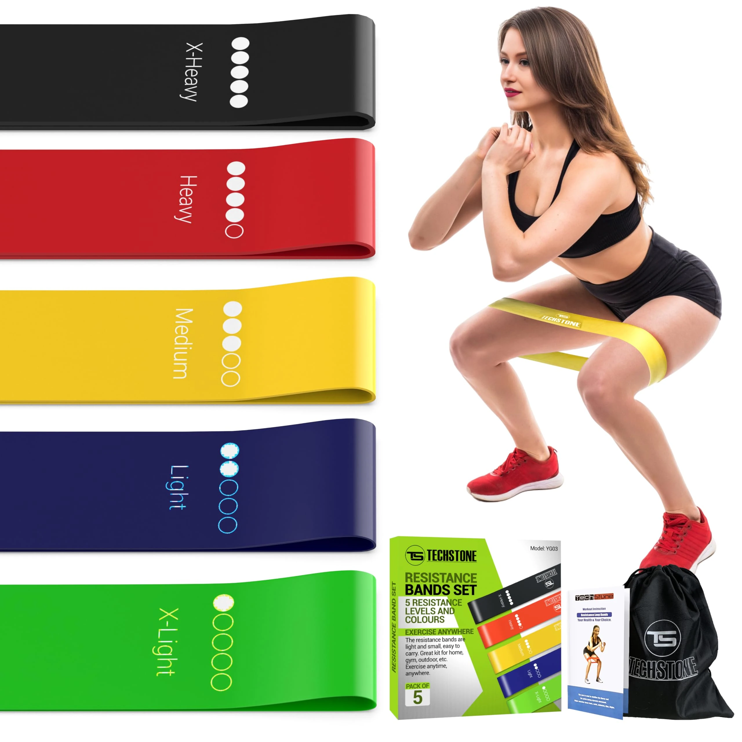 TechStone Resistance Bands Set for Men and Women, Pack of 5 Different Resistance Levels Elastic Band for Home Gym Long Exercise Workout – Great Fitness Equipment for Training, Yoga – Free Carrying Bag