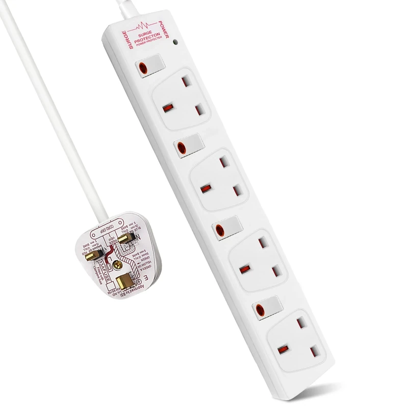 ExtraStar Extension Lead Surge Protection 4 Way Outlets, 13A Power Strip Wall Mounted with Individual Switches, Multi Socket Extension Cable UK Plug for Home and Office (5M, White)