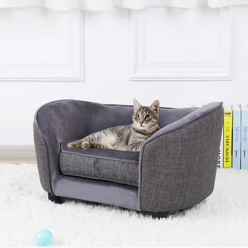 Getifun Pet Sofa Bed, Velvet Dog Couch with Washable Cushion for Small Dog Cat, Gray (Gray)