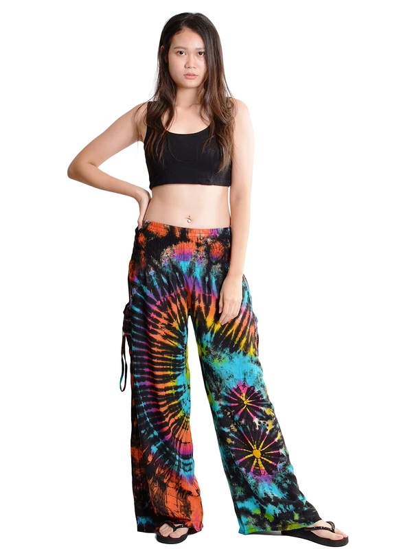 Orient Trail Women's Bohemian Yoga Wide Leg Palazzo Tie Dye Pants XL Rainbow Black