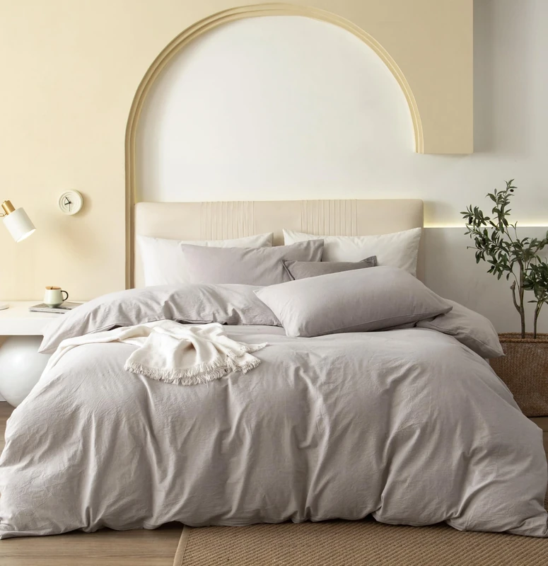 JIYUAN 100% Washed Cotton Duvet Cover Set Comfy Simple Style Soft Breathable Textured Durable Linen Feel Bedding for All Seasons Queen Size,Solid Cream Grey