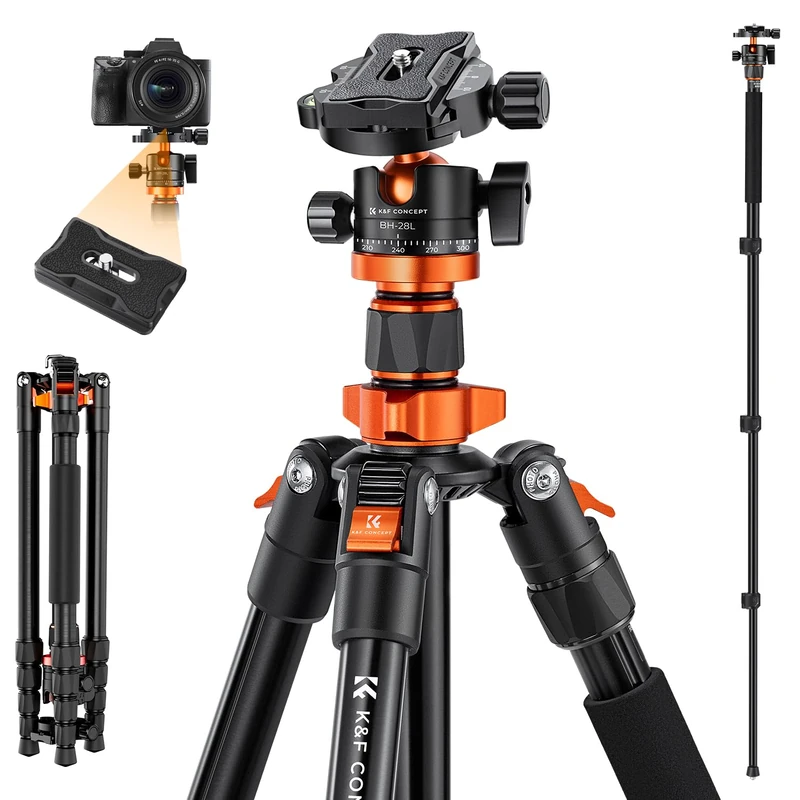 K&F Concept 68 inch /175cm Camera Tripods,Compact Travel Tripod with Monopod,10kg/22lbs Load Capacity 360° Panorama Ball Head Compatible with DSLR Cameras O255A4+BH-28L
