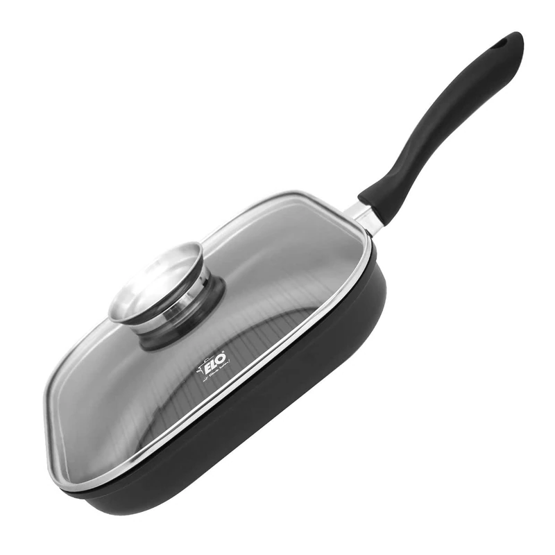 ELO 9155026 Square Grill Pan with Glass Lid, Cast Iron Grill, Grill Pan with Non-Stick Coating, Suitable for All Types of Cookers, Cast Aluminium, 28 x 28 x 7 cm