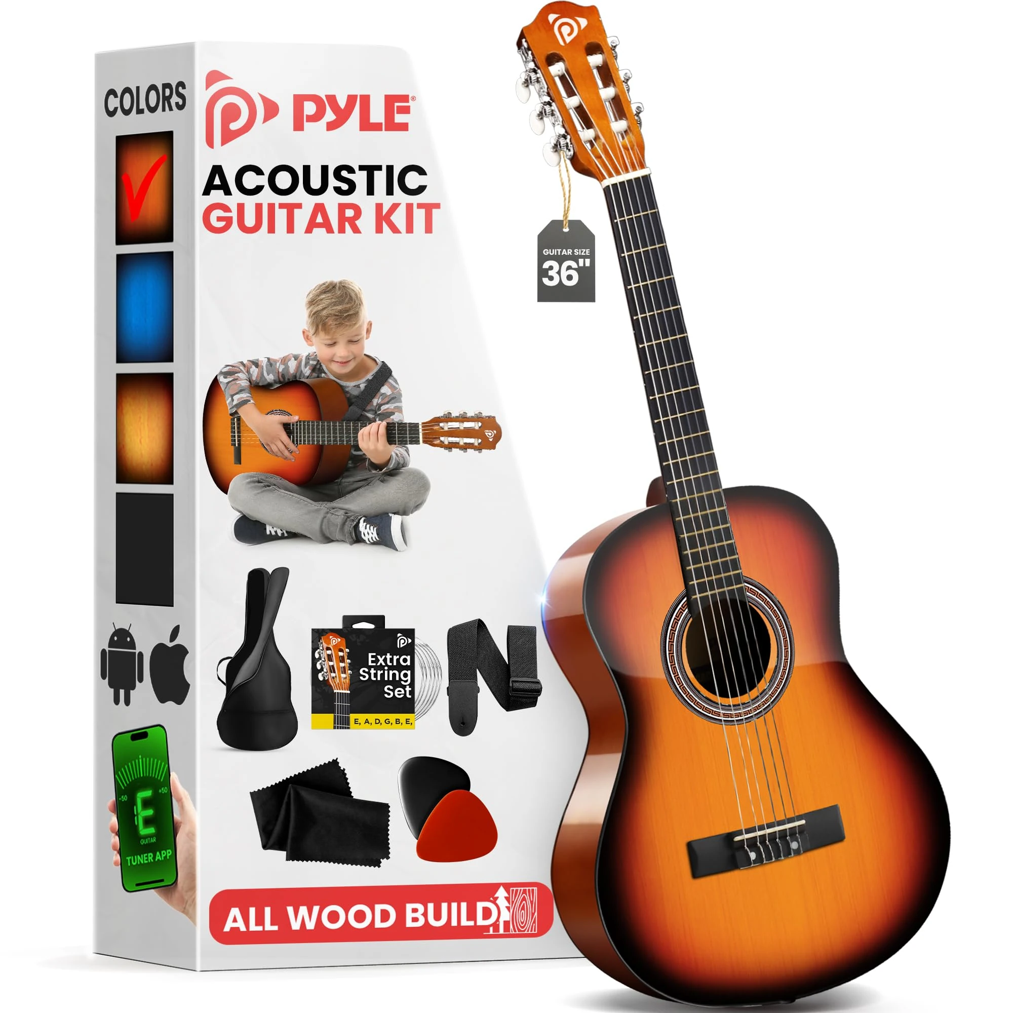 Pyle 91cm/36" Acoustic Instrument – 3/4 Classical Beginner Kit, Junior Size with Accessories, Right-Handed, Ideal for Kids & Adults, Sun Burst Finish