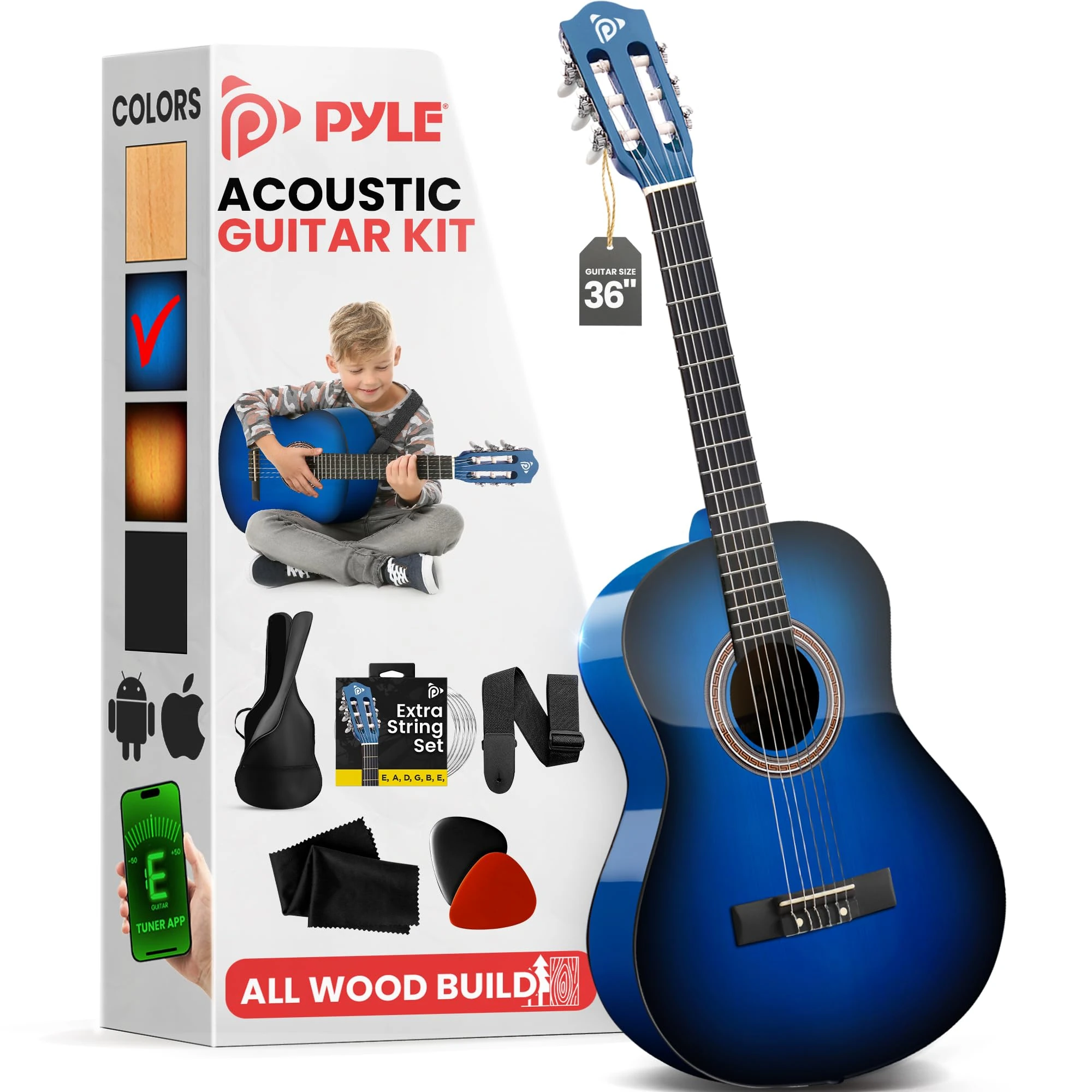 Pyle Beginner Acoustic Guitar, Junior Size 99 cm, All Wood Build Nylon String with Capo Strap, Extra String Set, and Gig Bag Acoustic, For Kids Adults Youth Classical Kit Blue Burst, Gloss
