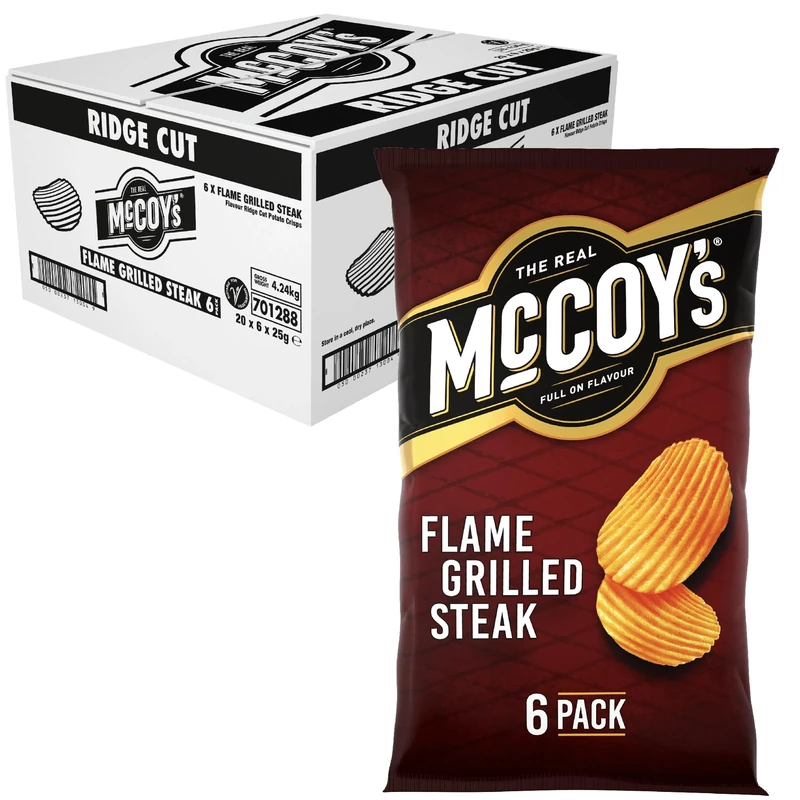 McCoys Flame Grilled Steak Multipack Crisps 6 Pack (Pack of 20) - Fully loaded with flavour, iconic ridged crisp, unmistakable crunch