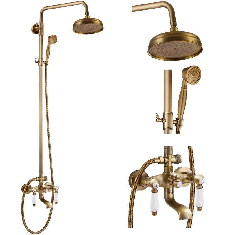 Antique Brass Shower Faucet 8-inch Shower Head Fixture with Handheld Spray Double Lever Handle Bathtub Spout Triple Function Bathroom Wall Mount