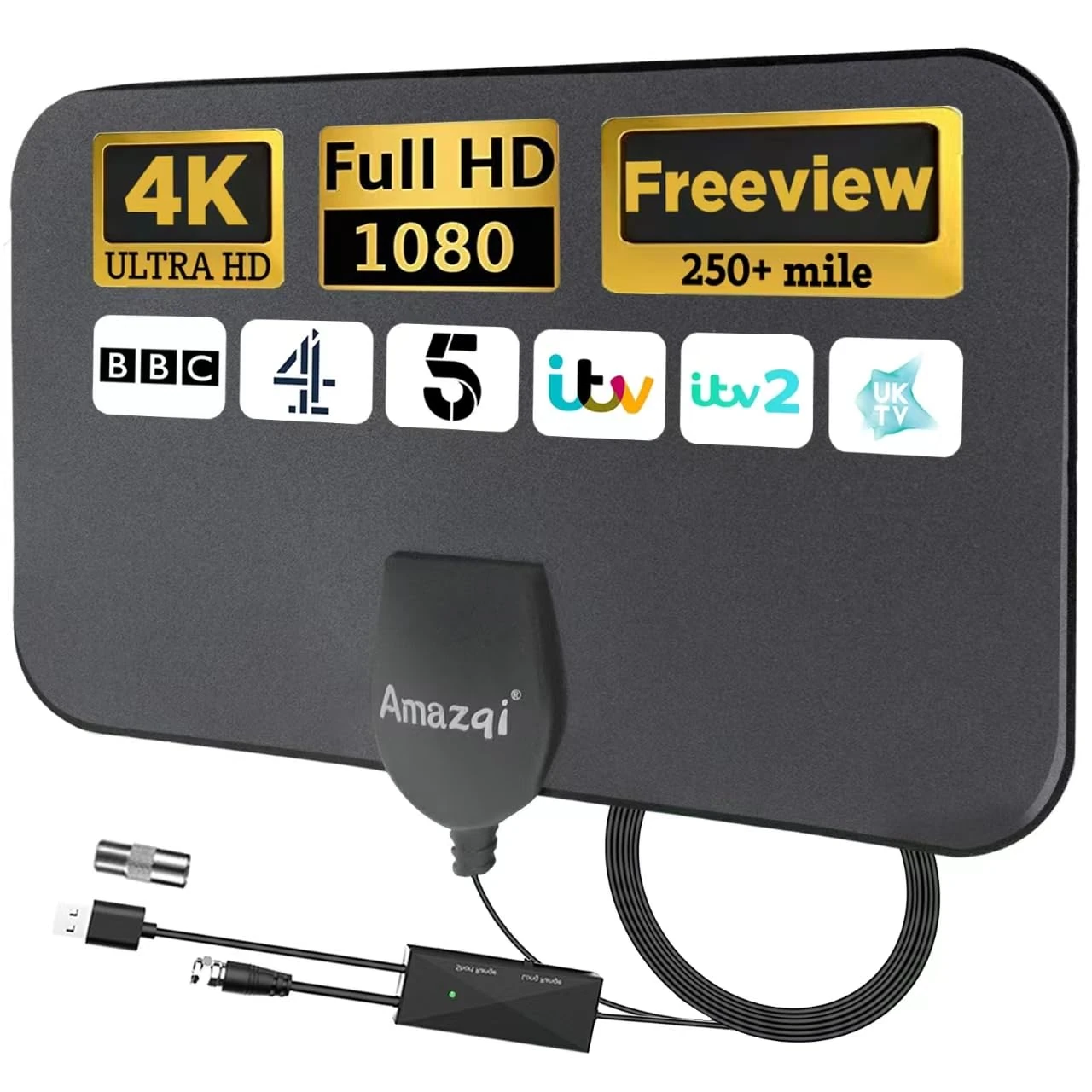 TV Aerial Indoor 250+ Miles Long Range, 4K Digital TV Aerial for Freeview TV,TV Antenna with Signal Booster and 5M Cable -for Local Channels