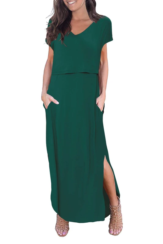 Smallshow Women's Maternity Nursing Dress Split Long Breastfeeding Clothes Deep Green S