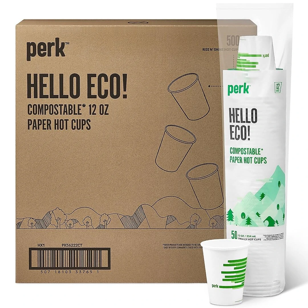 Compostable Paper Hot Cup, 12 Oz., White/Green