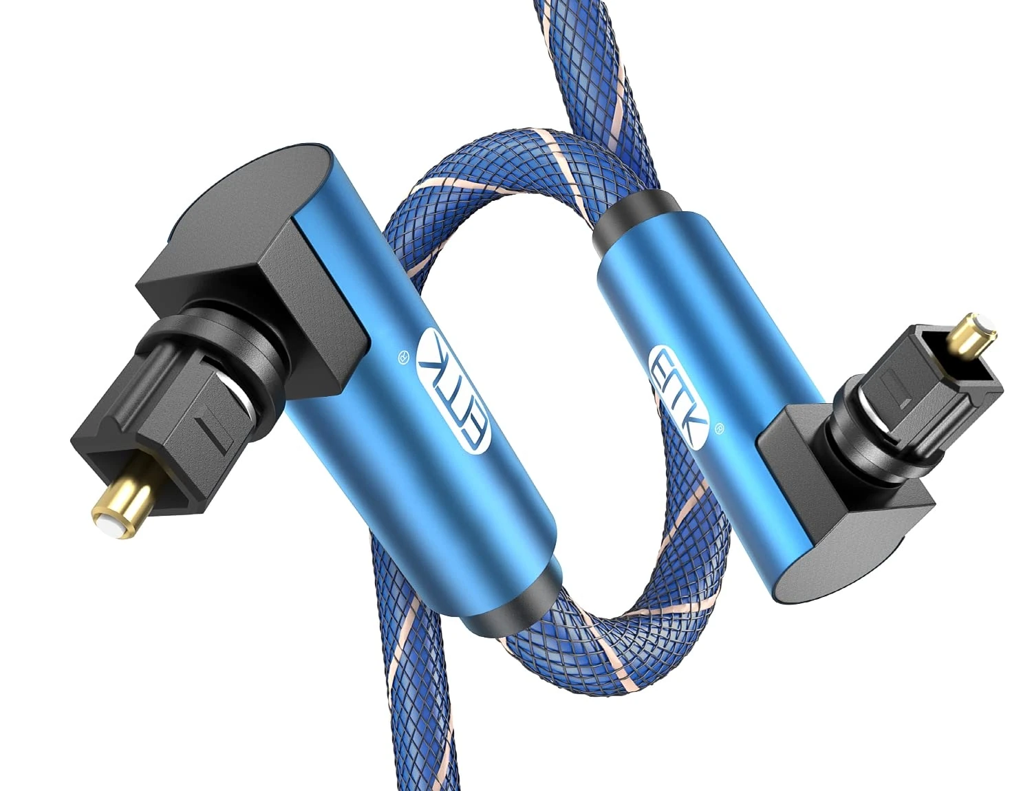 EMK Right Angle Optical Cable, 90 Degree Rotatable TOSLINK Plug Fiber Optic Cord for Blu-Ray Player, Soundbar, HDTV, PS3/PS4, Xbox and More (1.5M, Dual Angle Blue)