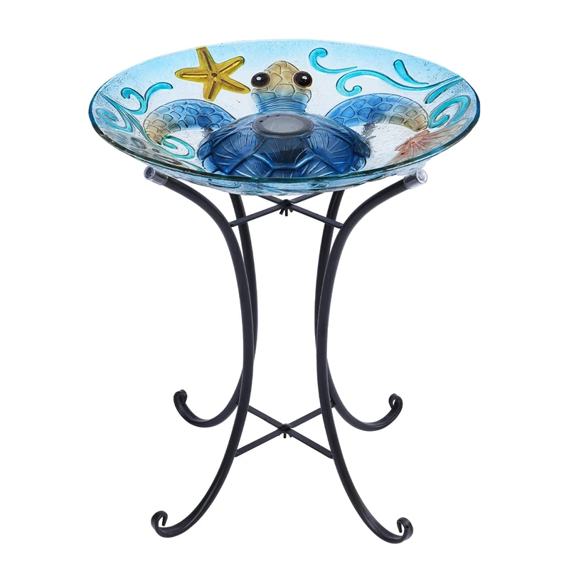 MUMTOP Glass Bird Bath Bird Baths for Outdoors Solar Powered Bird Feeder with Metal Stand for Garden, Yard, Lawn Decor sea Turtle Pattern(Blue, 21.5’X18’’)