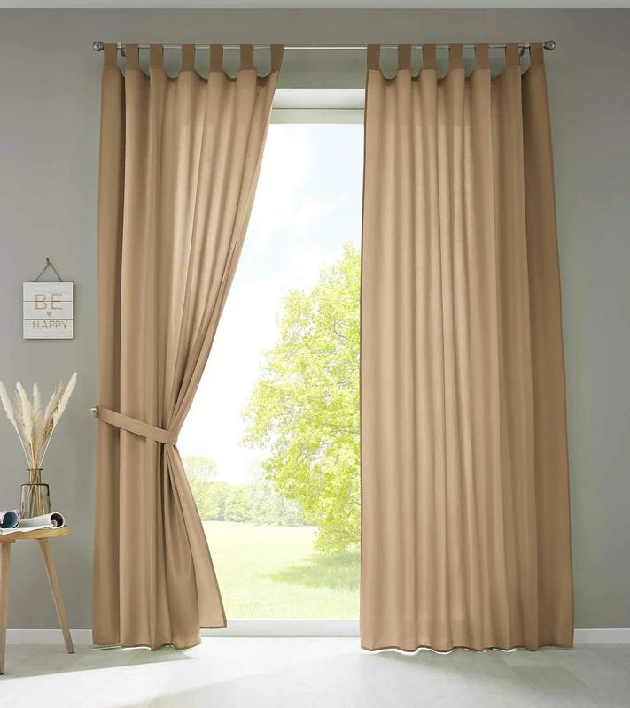 Gardinenbox Set of 2 Curtains with Loops, Opaque, Microsatin, Translucent, Ruffle Tape, Plain Matt, 100% Polyester, Sand, H 245 x W 140 cm