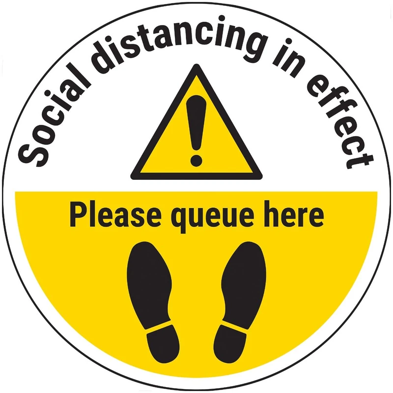 V Safety Social Distancing in Effect - Q Here - 450mm x 450mm - Self Adhesive Floor Sticker - Image 1