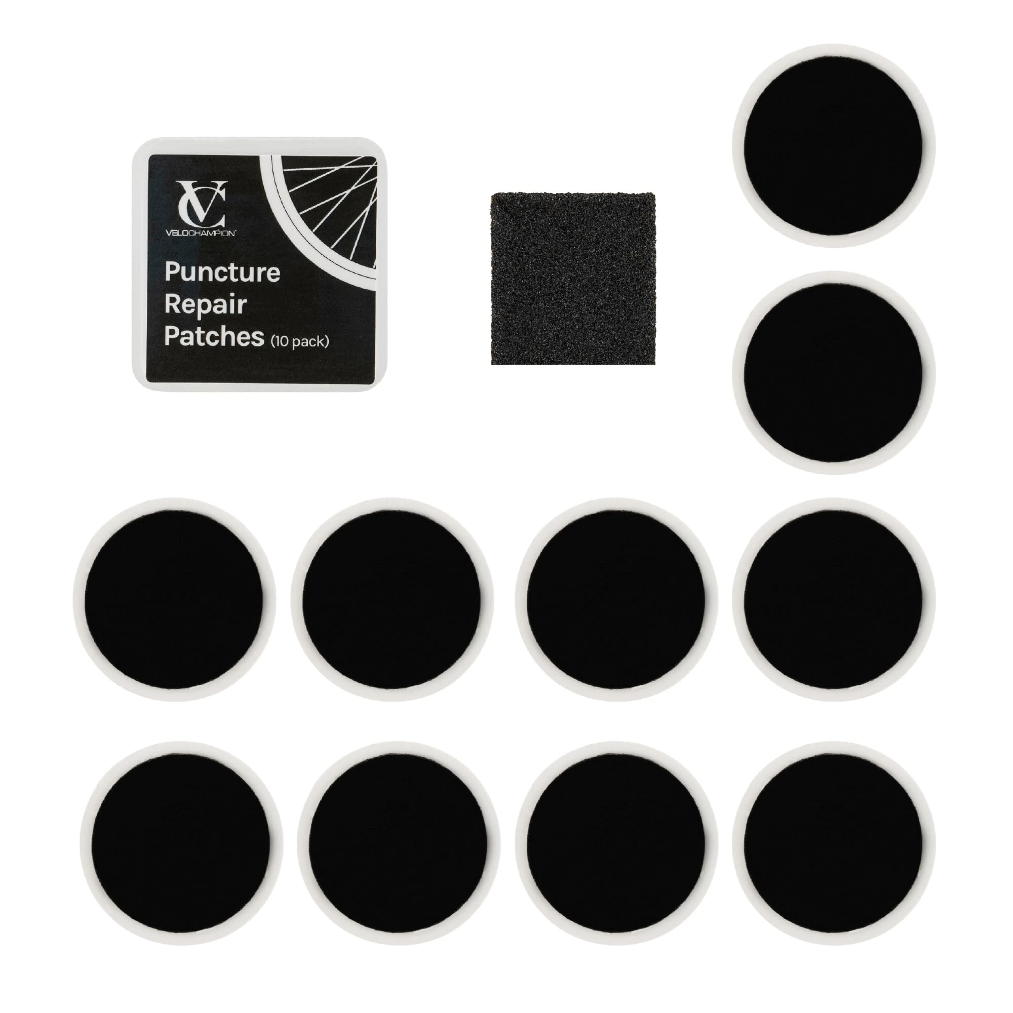VeloChampion Puncture Repair Kit | Self-Adhesive Bike Tyre Patches for Road, MTB, BMX, Ebike| Travel Size Bicycle Puncture Repair Kit | 6, 10 or 40 Pack + Optional Tyre Levers (10pk Patches)