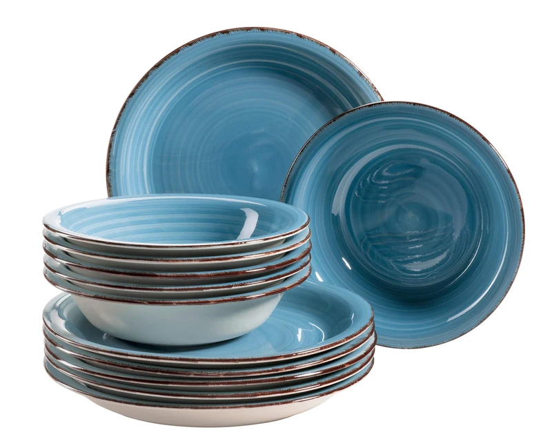 MÄSER 931602 Bel Tempo II Plate Set for 6 People in Modern Vintage Look, 12-Piece Dinner Set, Hand-Painted, Dark Blue, Stoneware, Blue