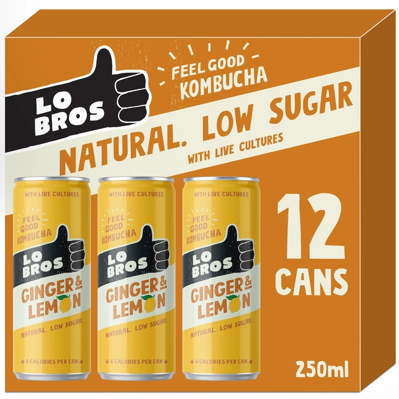 Lo Bros Kombucha - Ginger & Lemon - Sparkling Refreshing Drink with Natural Ingredients and Live Cultures, Supports Gut Health, Low Sugar, Vegan, Gluten Free- 12 x 250ml