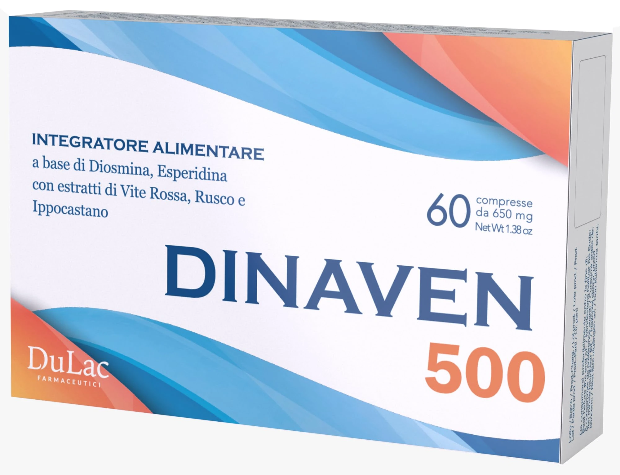 DuLàc, Dinaven 500, Food Supplement with Diosmin and Hesperidin, Helpful for Heavy and Swollen Legs, Microcirculation, Fragile Capillaries, Made in Italy, 60 Tablets of 650 mg