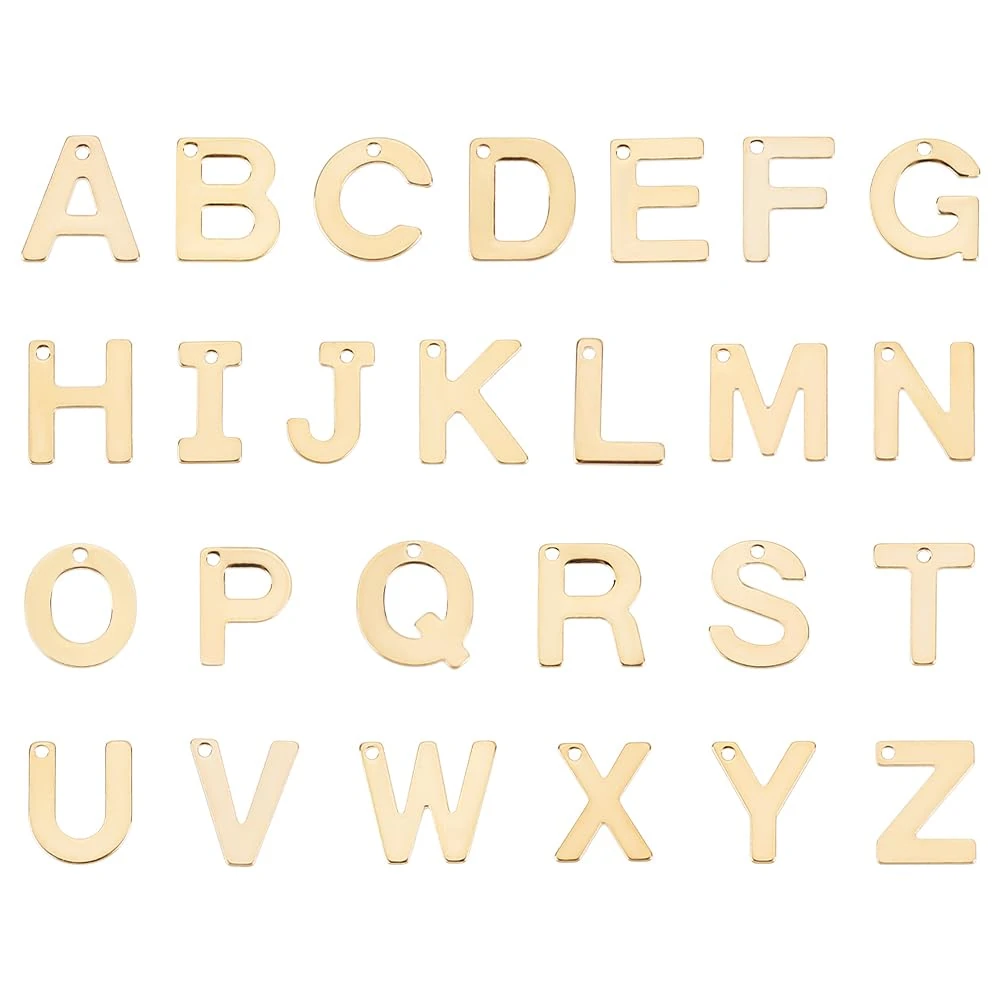 PH PandaHall 52pcs Gold Alphabet Charms, Letter A-Z Pendent Stainless Steel Letter Charms Name Beads Metal Alphabet Charm for Bracelet Necklace Earrings Jewelry Crafting Making