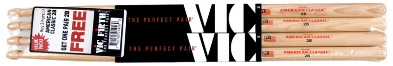 Vic Firth P2B3-2B1 American Classic Series Drumsticks - 2B - American Hickory - Wood Tip - 4 x Pair Value Pack