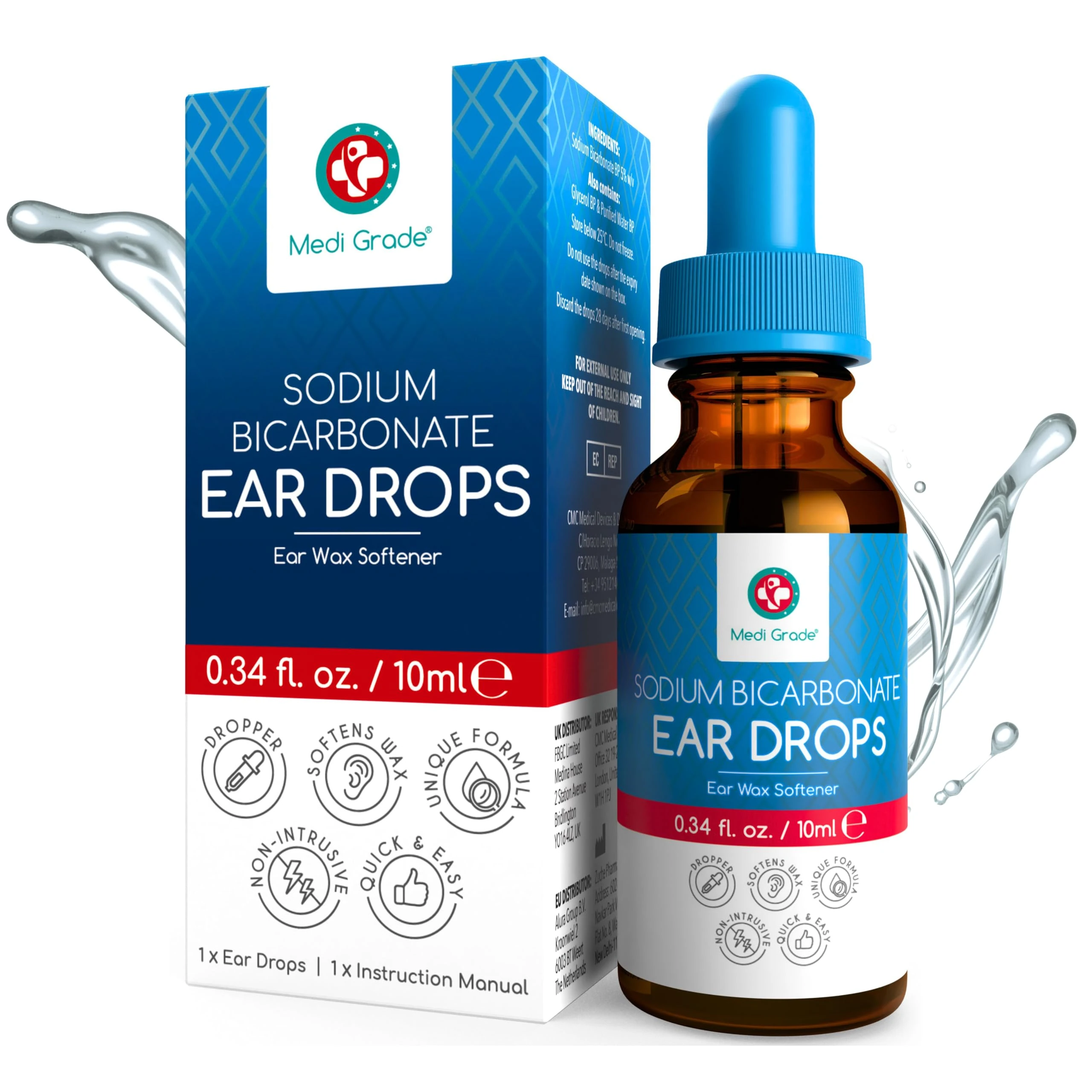 Medi Grade Quick-Action Sodium Bicarbonate Ear Drops for Wax Removal and Blocked Ears, 10ml - Ear Wax Removal Drops Dissolve and Remove Earwax for Clean Ears - Natural Bicarbonate of Soda Ear Drops