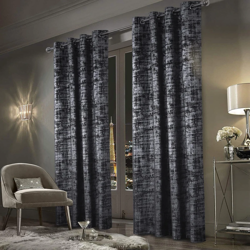 always4u 100% Blackout Soft Velvet Curtains for Bedroom Living Room Thermal Energy Saving 84 Inches Long Luxury Silver Foil Print Drapes 2 Panels Charcoal Grey