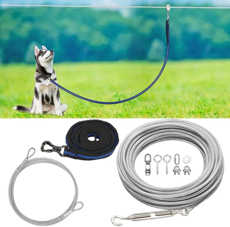 XiaZ 100ft Dog Trolley Runner Cable for Dogs up to 250lbs, Dog Lead for Yard, Camping, Outdoor, with 8 Ft Nylon Bungee Runner, Cable Sling to Protect Trees